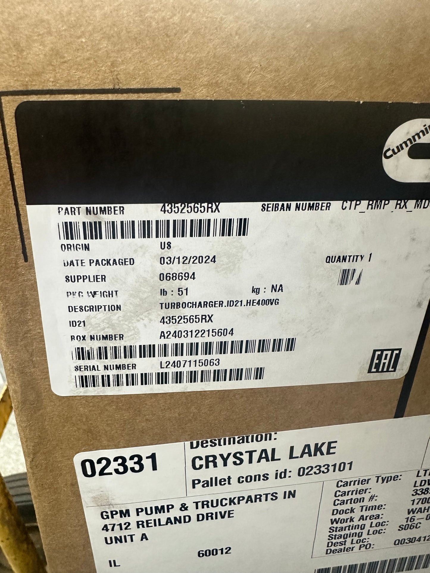 Cummins Incomplete Turbocharger Kit Part 4352565RX